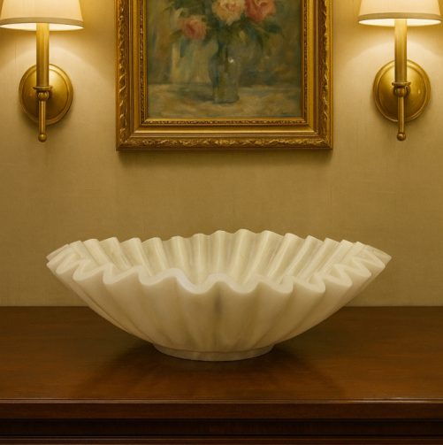 Hand-Carved White Marble Ripple Bowl