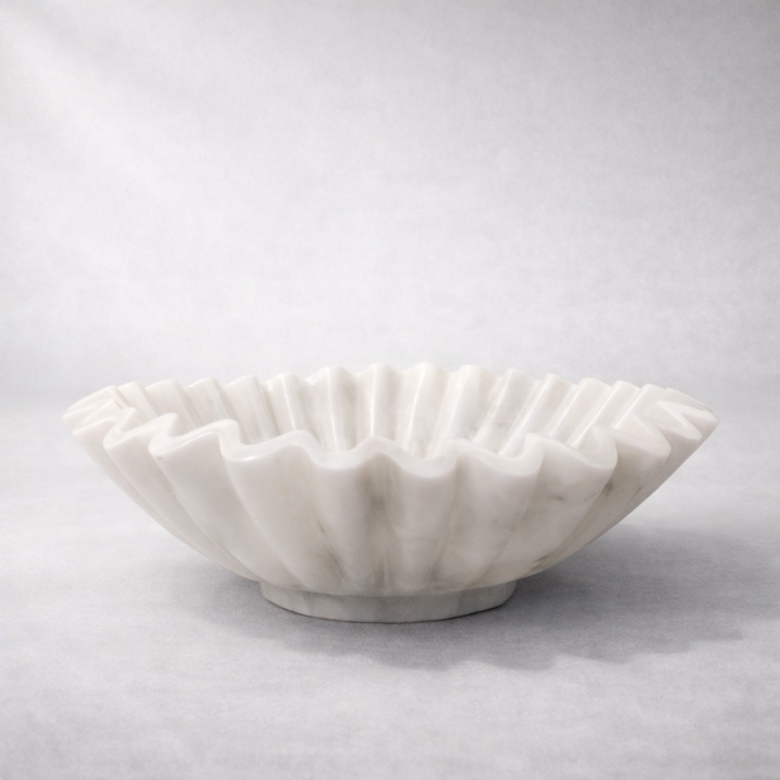 Hand-Carved White Marble Ripple Bowl