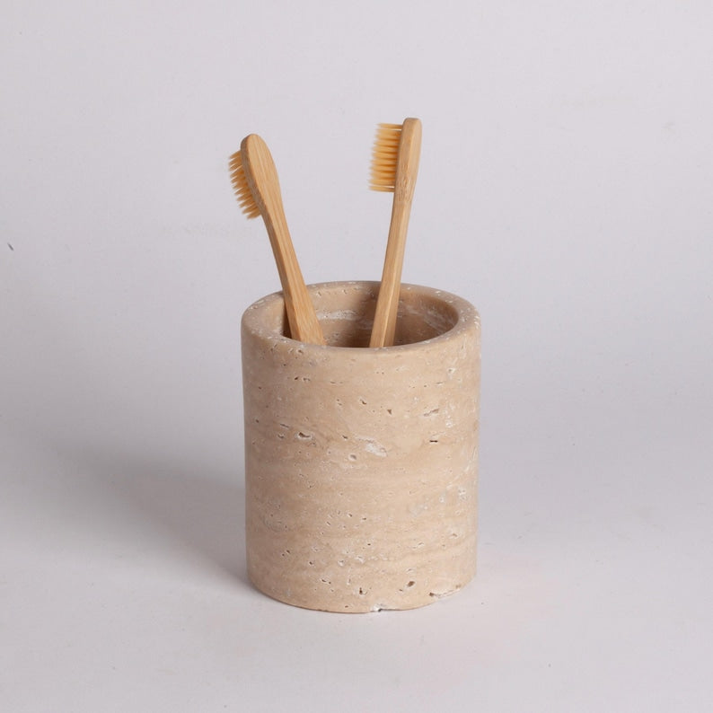 Natural Travertine toothbrush holder, Marble pencil holder