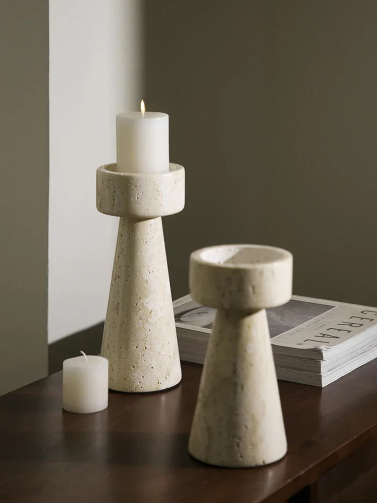 Altura Travertine Candle Holders – Handmade Natural Stone Candle Holder 2pc Set